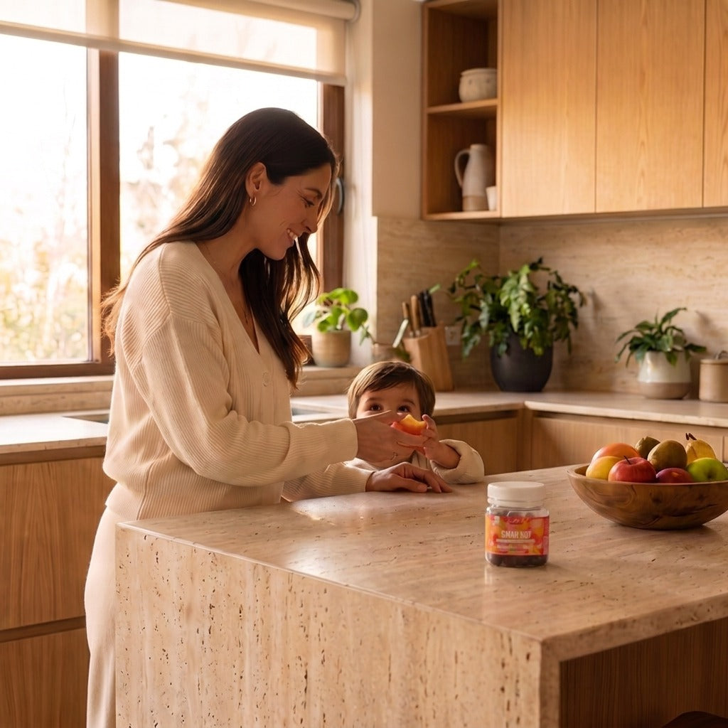 Mama e hijo compartiendo un momento en la cocina con gomitas Joy