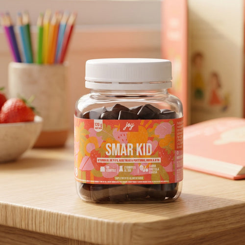 Frasco de Gomitas SMAR KID de Joy, suplemento con omega 3-6-9 para la concentración y el aprendizaje de niños