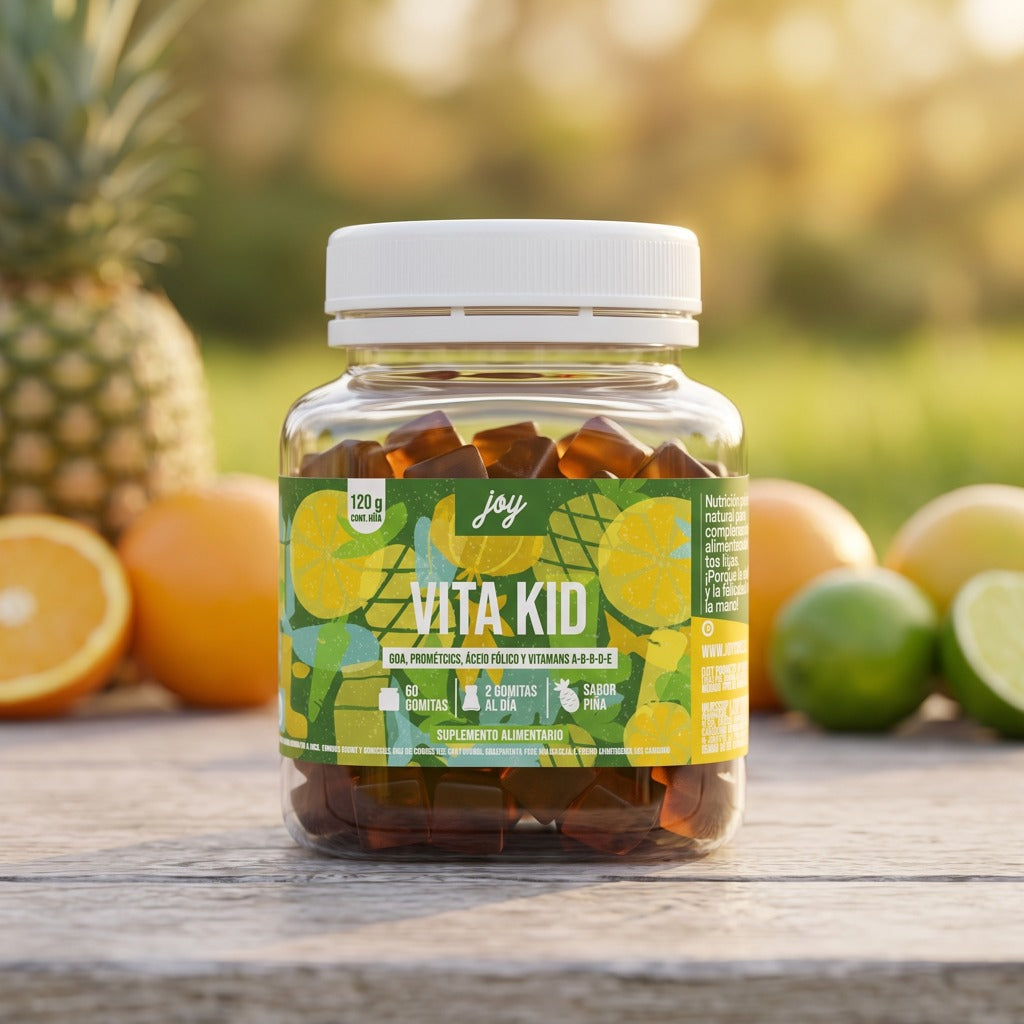 Frasco de Gomitas VITA KID de Joy, suplemento con vitaminas A-C-D-E y probióticos para las defensas de niños